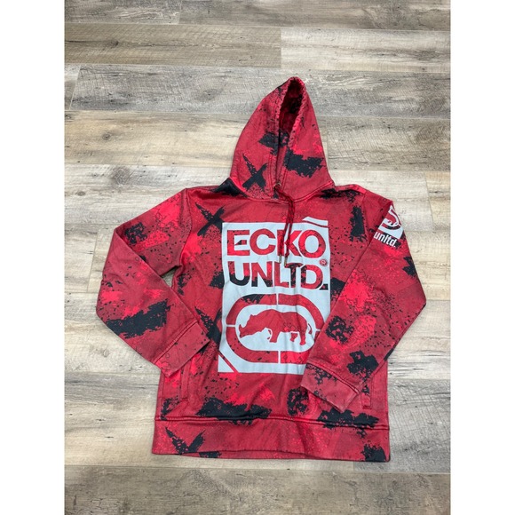 Ecko Unltd Other - Ecko Unltd Mens Red Black Splatter Rhino Logo‎ Graphic Hoodie Sweatshirt Size M